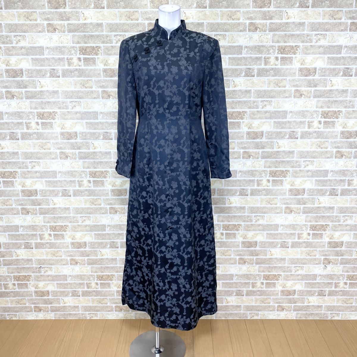 1円 チャイナドレス INFINE アンフィニ 長袖ロングワンピース 9AR 黒系柄 肩パット カラードレス フォーマル 中古16033拍卖