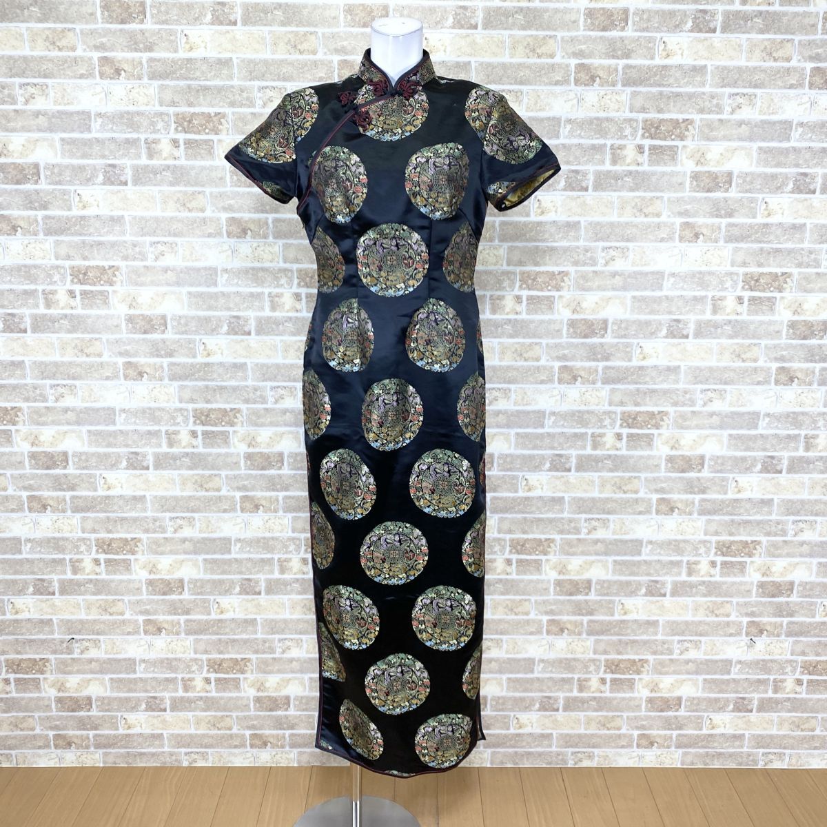 1円 チャイナドレス Sanragero ロングワンピース 11 黒系柄 肩パット カラードレス 発表会 フォーマル 中古16032拍卖