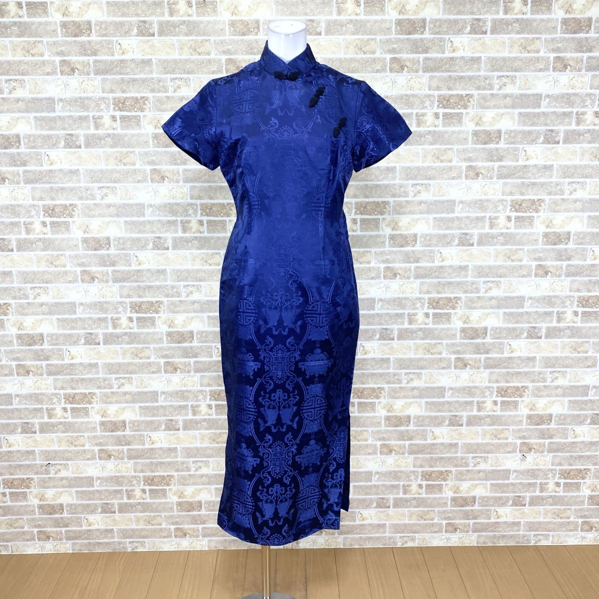 1円 チャイナドレス marcello ロングワンピース 青系柄 光沢 カラードレス キャバドレ 発表会 フォーマル 中古16035拍卖