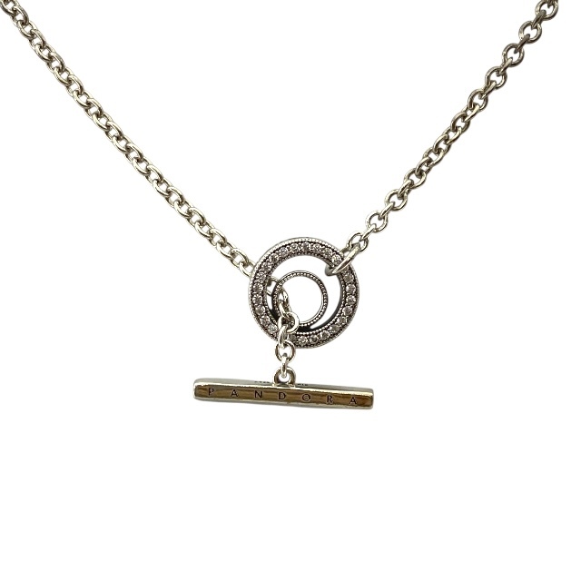 パンドラ ダブルフープ Tバー ネックレス ペンダント アクセサリー SV925 ラインストーン シルバー ロゴ PANDORA拍卖