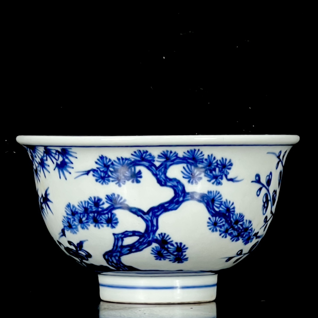 明時代 永楽年製款 古陶磁器 青花 歳寒三友紋 茶碗 茶具 茶杯 茶道具 文案置物 時代物 骨董品 旧家蔵出し 唐物 中国古美術拍卖