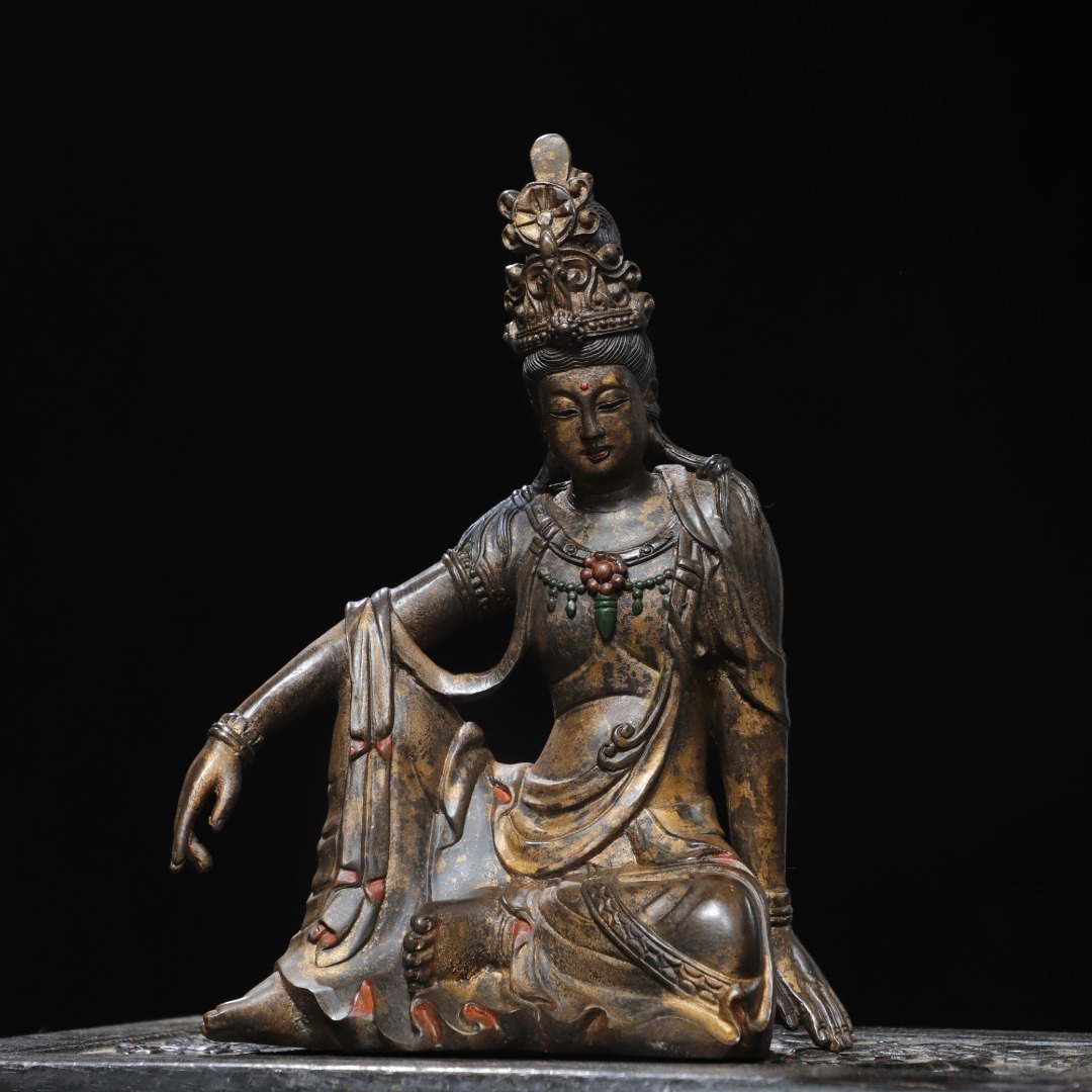 清時代 古銅拓金彫 自在觀音像 仏像 仏 宗教 仏教 供奉 置物 擺件 稀少珍品 時代物 古董品 骨董 旧家蔵出し 唐物 中国古玩 古美術品拍卖