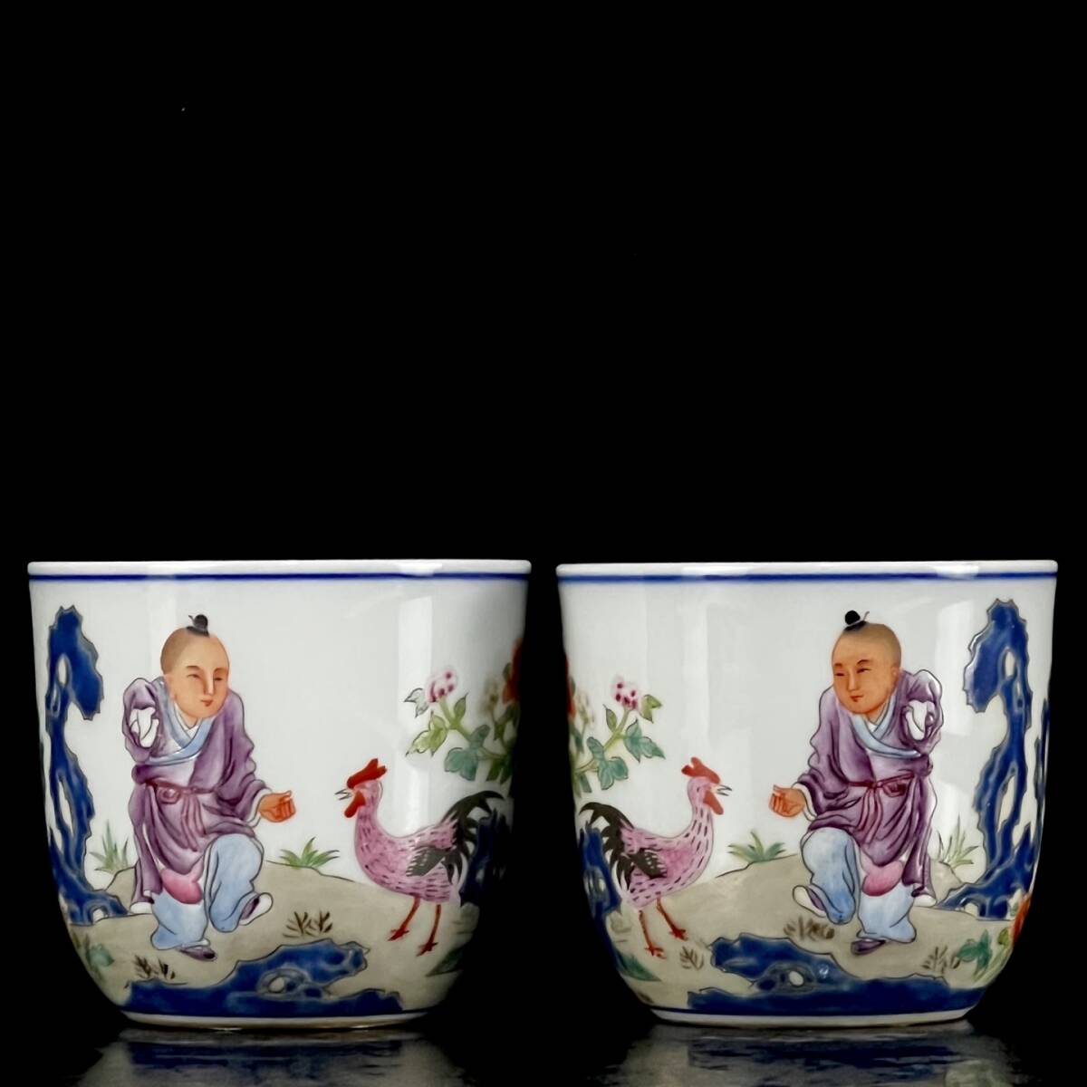 清時代 乾隆年製款 乾隆御題 古陶磁器 青花 粉彩 人物故事紋 杯 茶具 茶杯 茶道具 文案置物 時代物 骨董品 旧家蔵出し 唐物 中国古美術拍卖