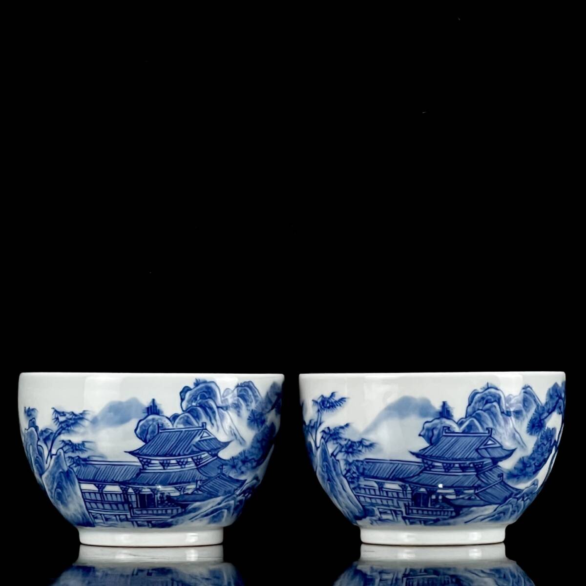 清時代 康熙年製款 古陶磁器 青花 山水紋 茶杯 杯一対 茶盞 茶具 茶道具 擺件 時代物 古董品 骨董 旧家蔵出し 唐物 中国古玩 古美術品拍卖