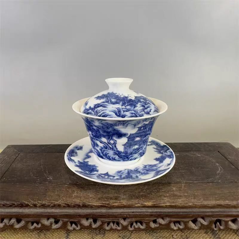 清時代 乾隆年製款 古陶磁器 青花 山水紋 三才盖碗 茶盞 盖碗 茶道具 茶具 擺件 時代物 古董品 骨董 旧家蔵出し 唐物 中国古玩 古美術品拍卖