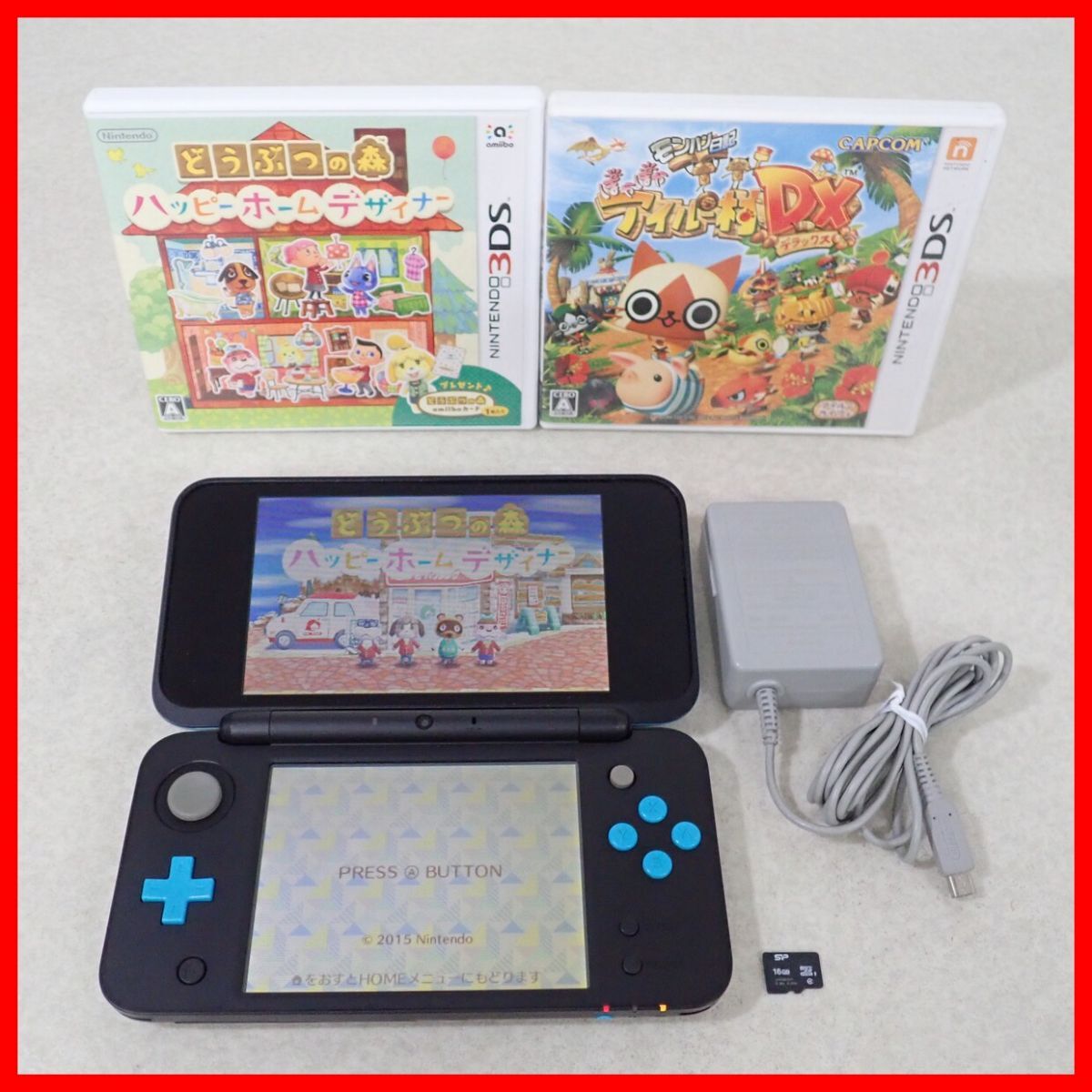 Newニンテンドー2DSLL 本体 JAN-001 ブラック×ターコイズ + どうぶつの森 ハッピーホームデザイナー 等 2本 まとめてセット【10拍卖