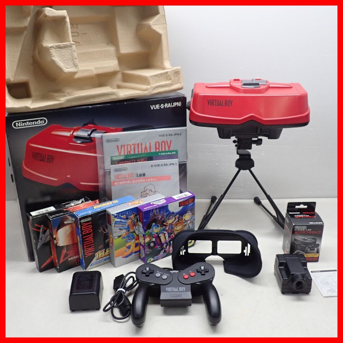 修理品 VB バーチャルボーイ 本体 VIRTUAL BOY + ACアダプタタップ + とびだせ!ぱにボン 等 ソフト5本 まとめてセット 任天堂 箱説付【20拍卖