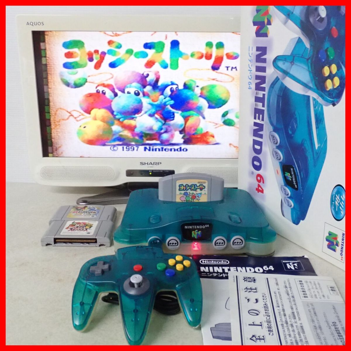 動作品 N64 ニンテンドウ64 本体 NUS-001 クリアブルー 箱説付 +ヨッシーストーリー 等 ソフト3本 まとめてセット【20拍卖