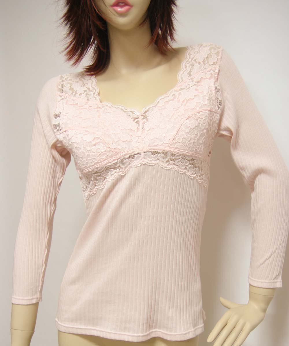 送料無料◆綿100%◆さらっと快適◆爽やかな肌触り◆伸縮性抜群◆針抜き編み◆ソフトブラカップ付き◆らくらく8分袖インナー(LL/ピンク)拍卖