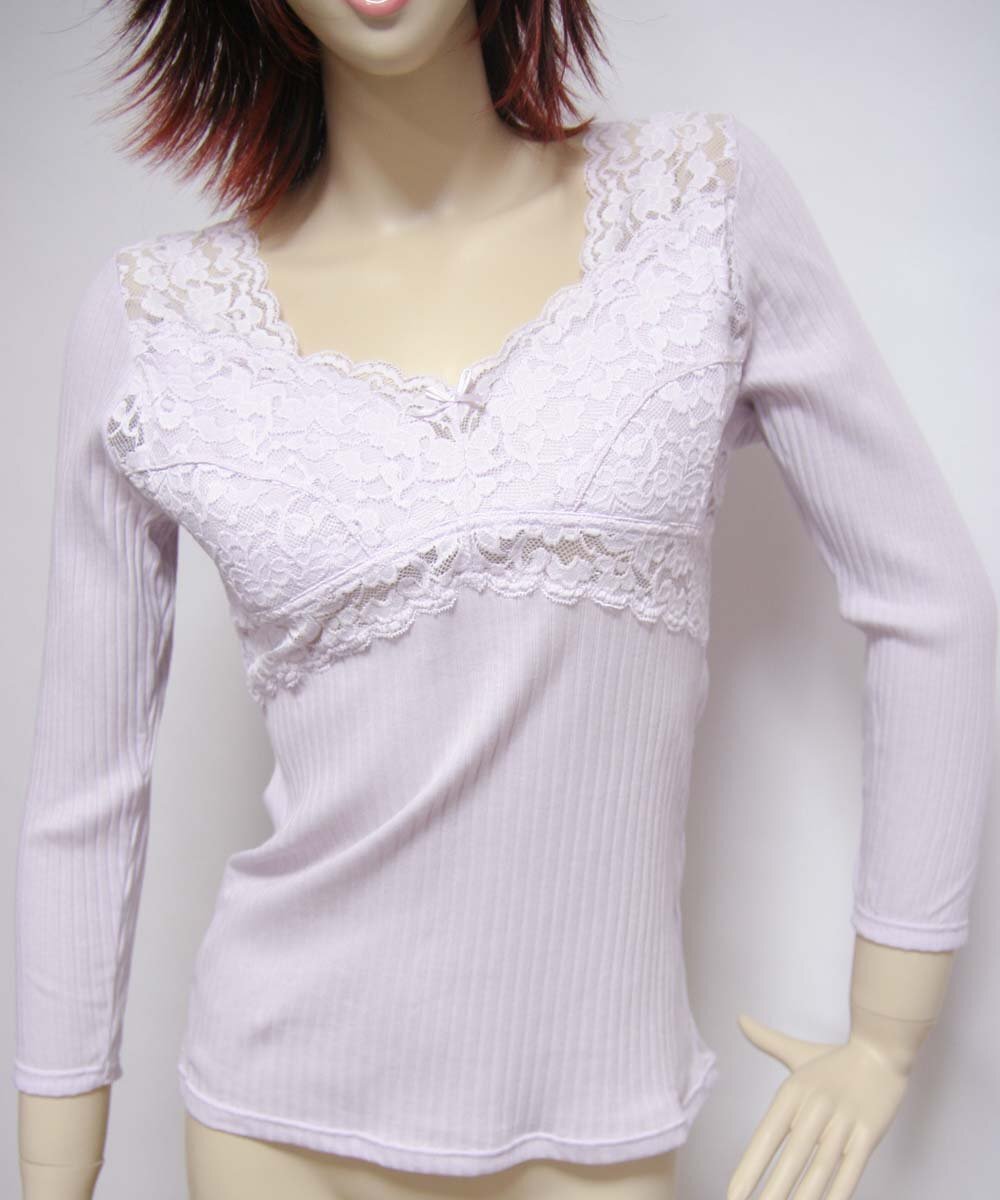 送料無料◆綿100%◆さらっと快適◆爽やかな肌触り◆伸縮性抜群◆針抜き編み◆ソフトブラカップ付き◆らくらく8分袖インナー(M/パープル)拍卖