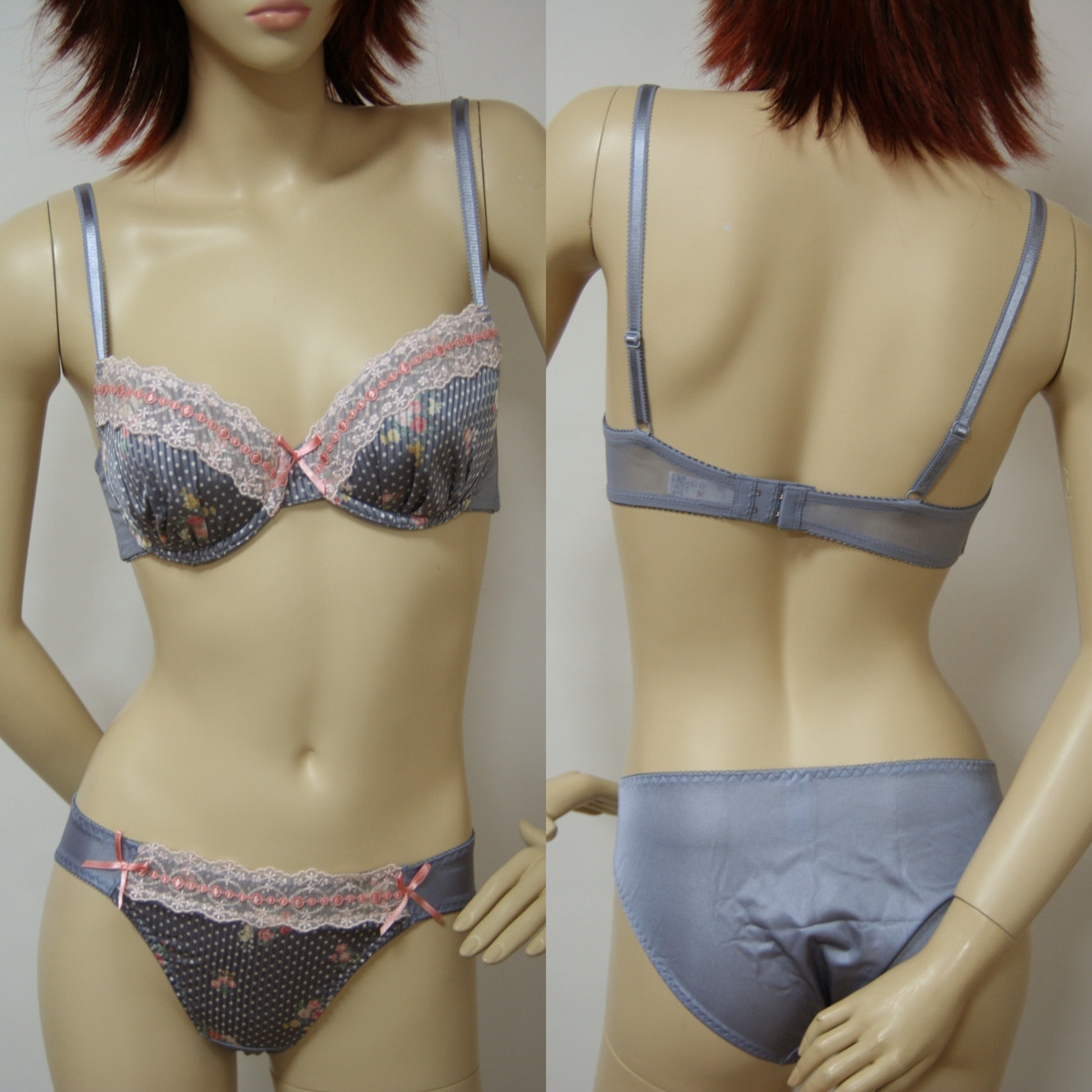 送料無料◆トリンプ◆Trimph◆フラワードット◆セットアップ◆パッド付き◆ガーリー◆ブラジャー&ショーツ(D/65/M/グレー)81121拍卖