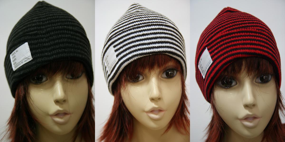 送料無料◆3色組◆通年タイプ◆フリーサイズ◆男女兼用◆綿混素材◆コットン75%配合◆ボーダー柄ニット帽(ブラック&ホワイト&レッド)拍卖