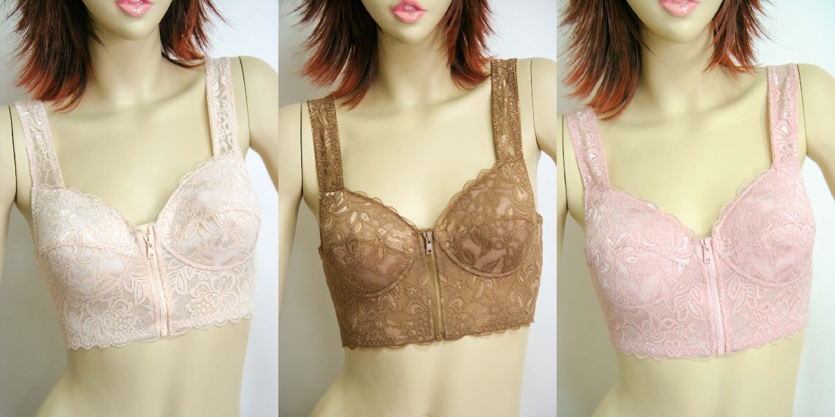 送料無料◆超お得3色組◆綿95%◆前開き◆立体カップ◆ノンワイヤー◆背筋きれい◆花柄レース◆セミロングブラ(4L/ベージュ&モカ&ピンク)拍卖