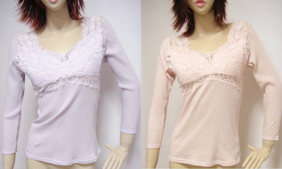 送料無料◆まとめ買い◆2色×2組◆カップ付きらくらく8分袖インナー(L/パープル&ピンク)◆綿100%◆針抜き編み◆伸縮性抜群◆吸汗&放湿性拍卖