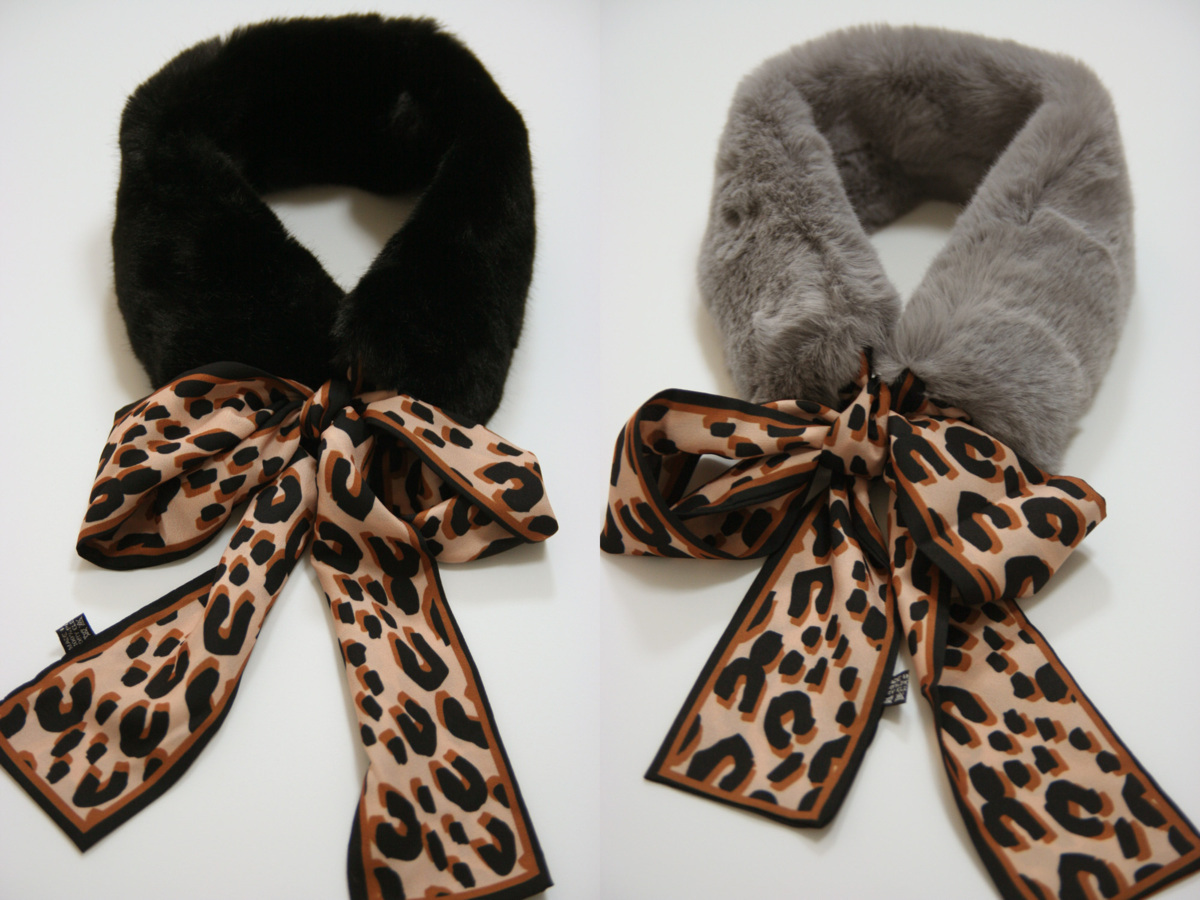 送料無料◆超お得◆2色組◆フェイクファー◆ティペット(ブラック&グレー)◆高級襟巻◆コーディネート◆ミンクタッチ◆豹柄リボン◆3755拍卖