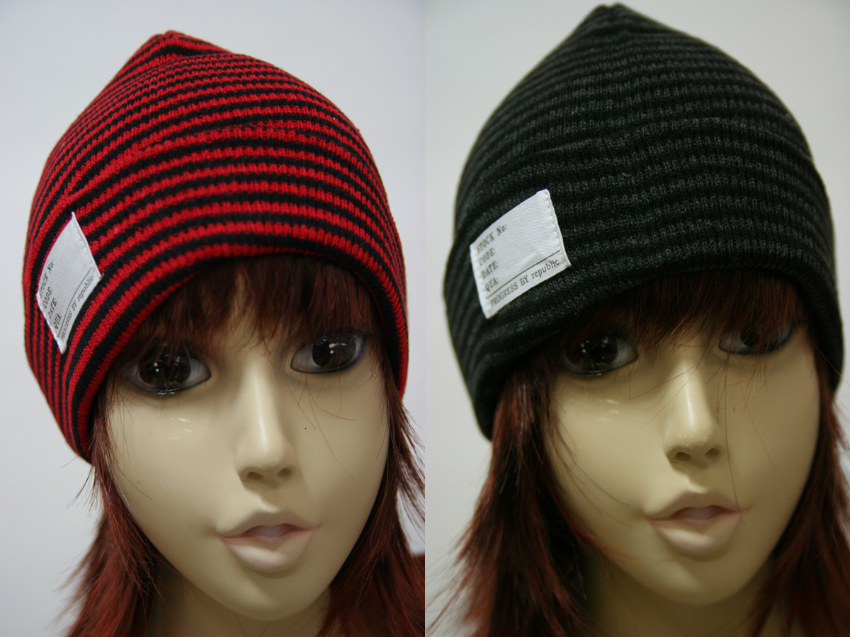送料無料◆2色組◆通年タイプ◆フリーサイズ◆男女兼用◆綿混素材◆コットン75%配合◆ボーダー柄ニット帽(レッド&ブラック)拍卖