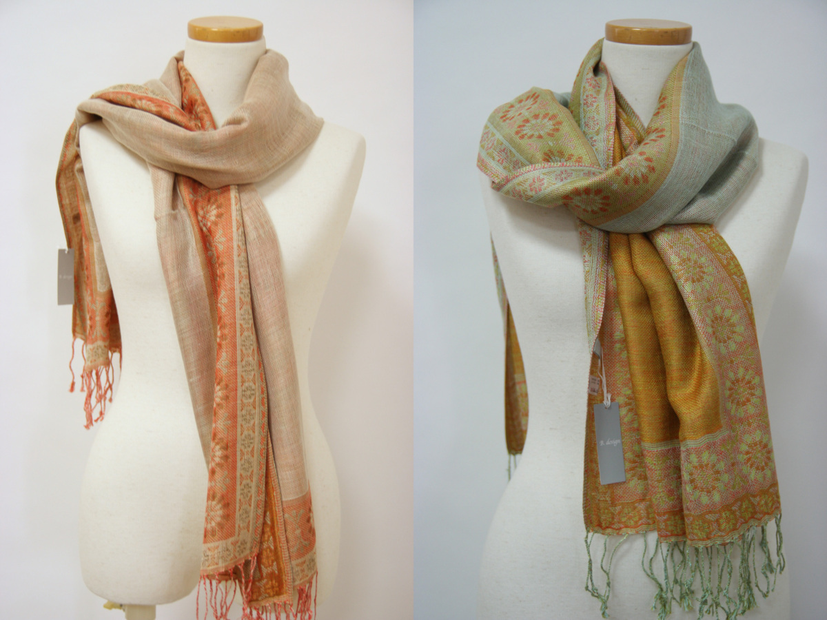 送料無料◆2色組◆通年タイプ◆お洒落アイテム◆お手軽ショール◆(ベージュピンク&グレーグリーン)アジアンテイスト◆ストール◆120416拍卖