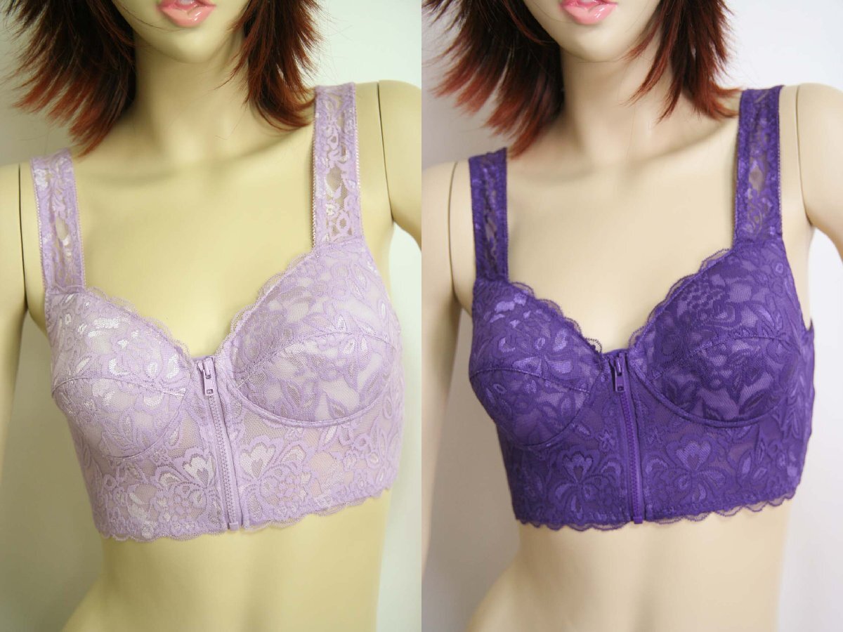送料無料◆2色組◆花柄レース◆前開き綿混ブラジャー(M/ラベンダー&パープル)◆綿95%◆セミロング◆立体カップ◆ノンワイヤー◆背筋きれい拍卖