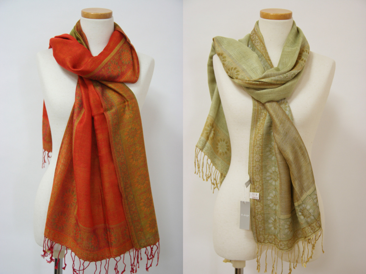 送料無料◆2色組◆通年タイプ◆お洒落アイテム◆お手軽ショール◆(オレンジレッド&グリーンイエロー)アジアンテイスト◆ストール◆120416拍卖