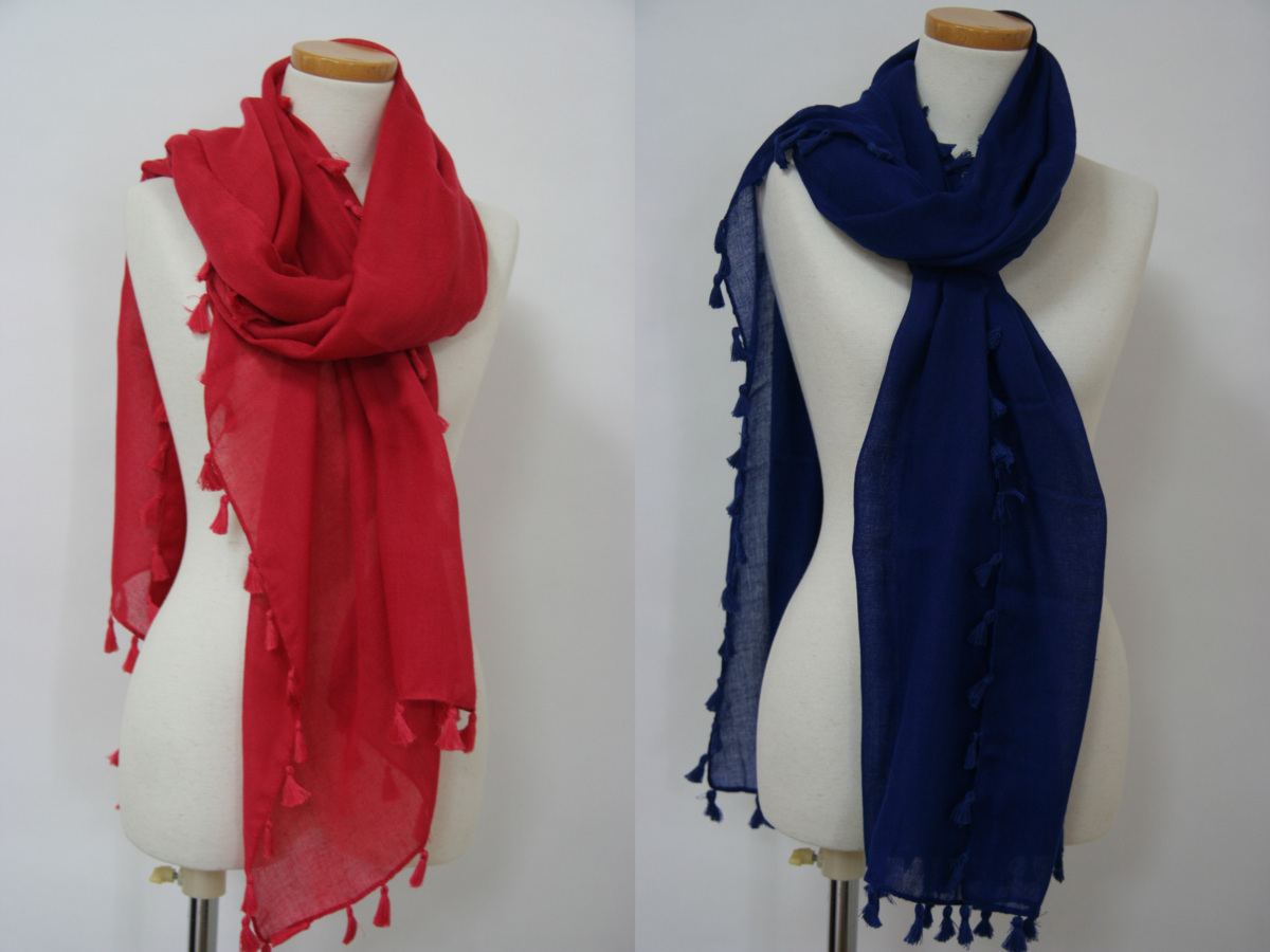 送料無料◆2色組◆タッセル付き◆無地カラー大判ストール(レッド&ネイビーブルー)◆通年タイプ◆日焼け&紫外線対策◆ショール◆176008拍卖