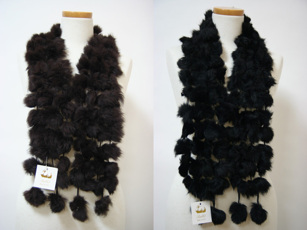 送料無料◆2色組◆4連ボンボン◆定価4800円タグ付き◆プレーンカラー◆天然ラビット◆ファーマフラー(チョコレートブラウン&ブラック)拍卖