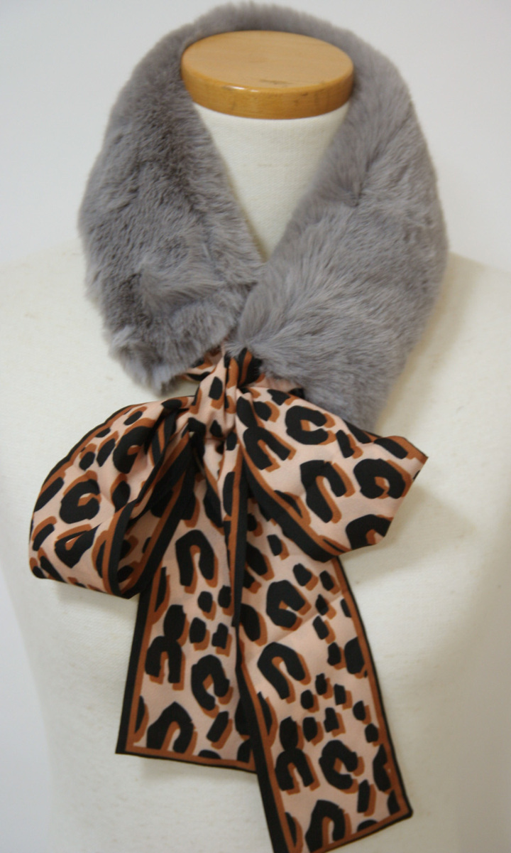 送料無料◆超お得◆同色2本組◆ミンクタッチ◆襟元お洒落◆エコファー◆マフラー◆ヒョウ柄リボン◆ファーティペット(グレー)3755拍卖
