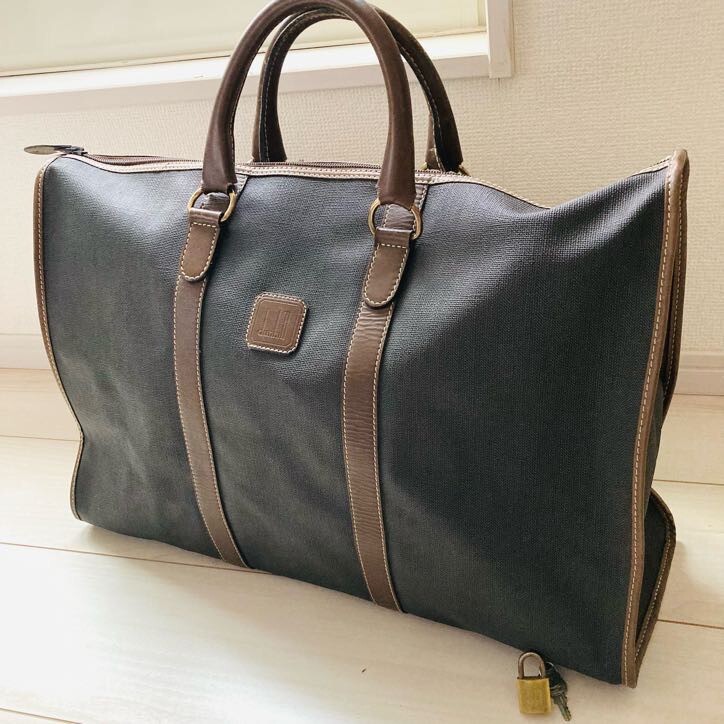 ★即決★ dunhill ダンヒル ボストンバッグ 旅行鞄 バッグ 大容量 南京錠付き グレー PVC加工 塩化ビニールコーティング フランス製拍卖