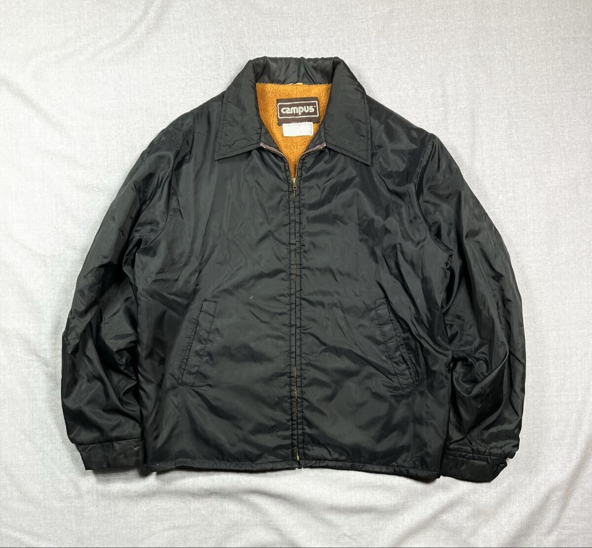 70s USA製 CAMPUS 裏ボア 無地 ナイロン ジップ ジャケット ビンテージ ブラック 黒 コーチジャケット 50s 60s 80s ANTI FREEZE拍卖