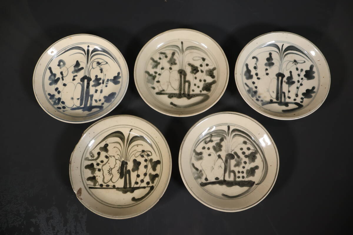 【和】(A3737) 時代古作 唐物 古玩 古染付皿 五枚 花文 呉須拍卖