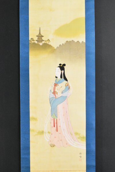 K5632 模写 都城「塔見美人図」絹本 唐美人 日本画 絵画 中国 茶掛 掛け軸 掛軸 古美術 人が書いたもの拍卖