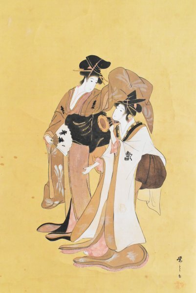 K6050 模写 鳥文斎栄之「女万歳」紙本 合箱 美人図 人物画 花魁 花街 太夫 日本画 中国 絵画 茶掛 掛軸 掛け軸 古美術 人が書いたもの拍卖