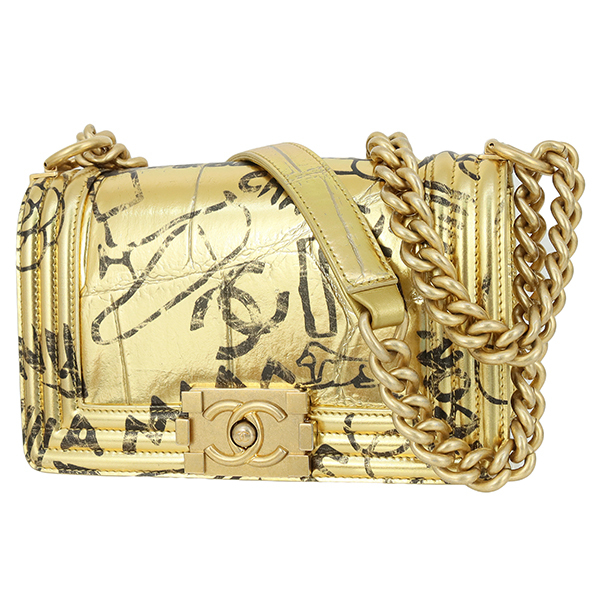 シャネル BOY CHANEL スモール ハンドバッグ ボーイシャネル 20 グラフィティ クロコ型押しレザー ゴールド 1994拍卖