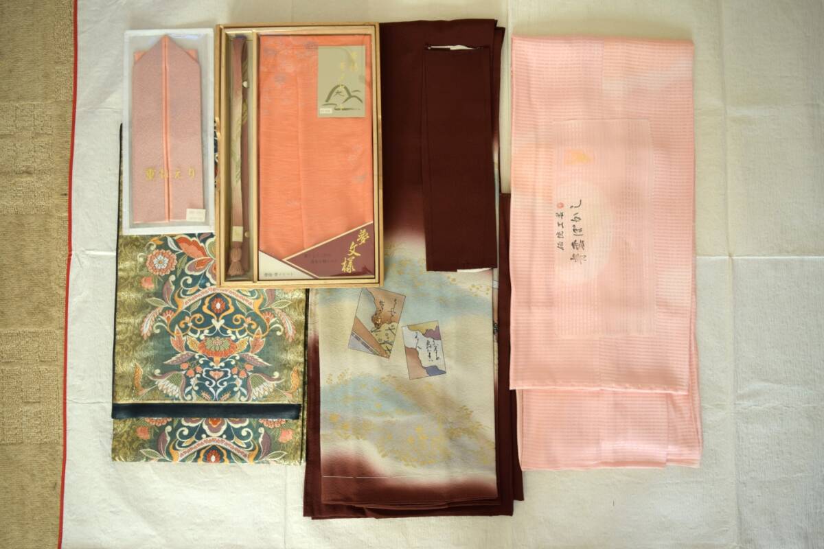 ☆正絹 訪問着 長襦袢 袋帯 帯揚げ 帯締め 重ね衿のセット☆源氏物語 落款あり 長期保管 未使用品拍卖
