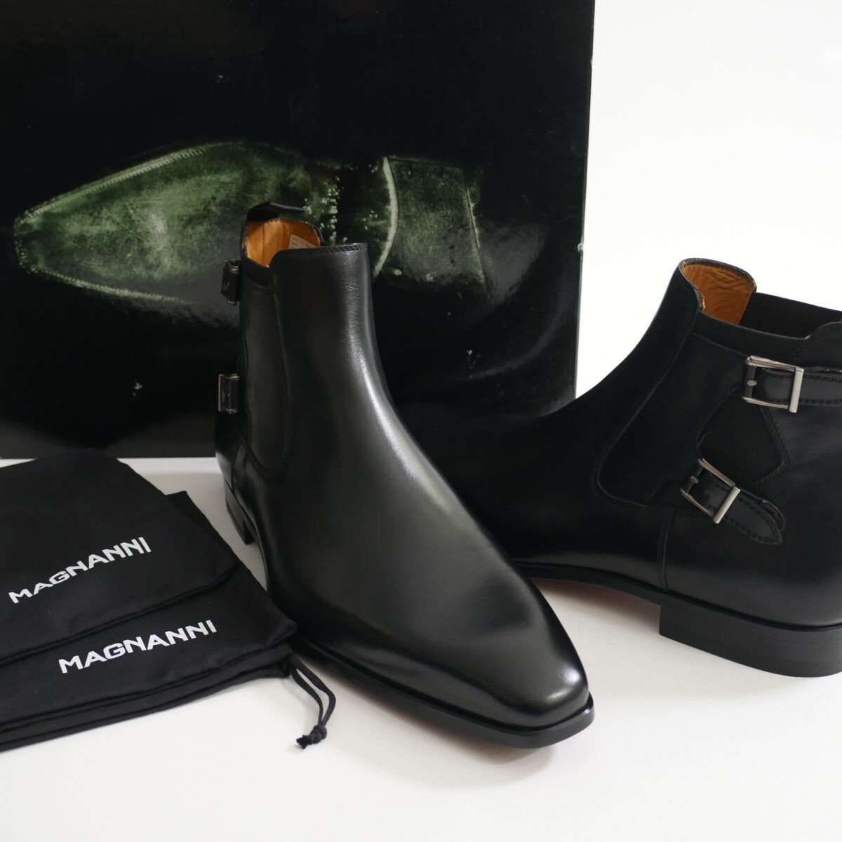 dt162●41●MAGNANNIマグナーニ●ダブルモンクストラップ●ブラックレザーブーツ●マッケイ拍卖