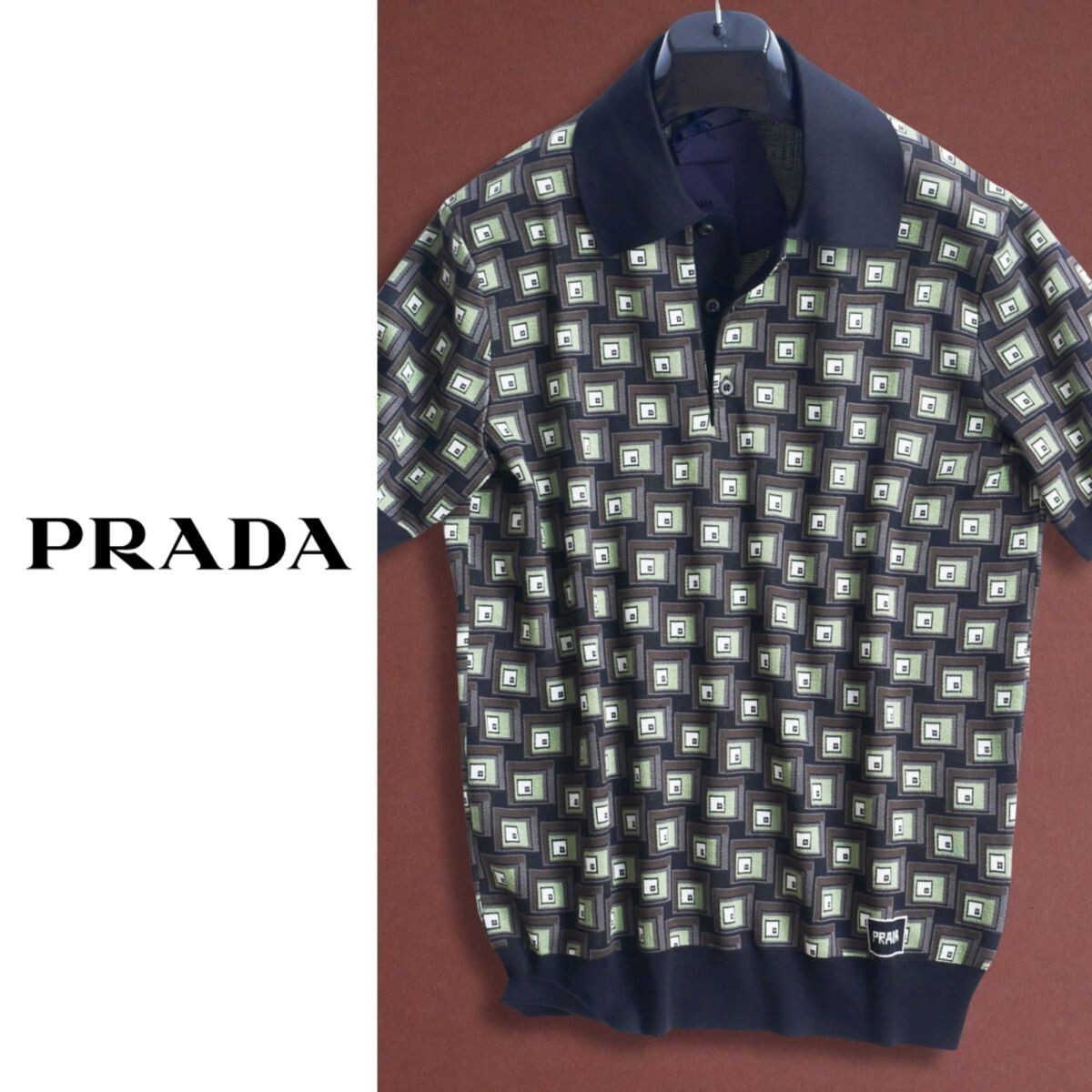 終了日午後6時迄ご入札●dr636●48●プレフォール●PRADAプラダ●シルク素材●幾何学模様●高級ニットポロシャツ●イタリア製●メンズ拍卖