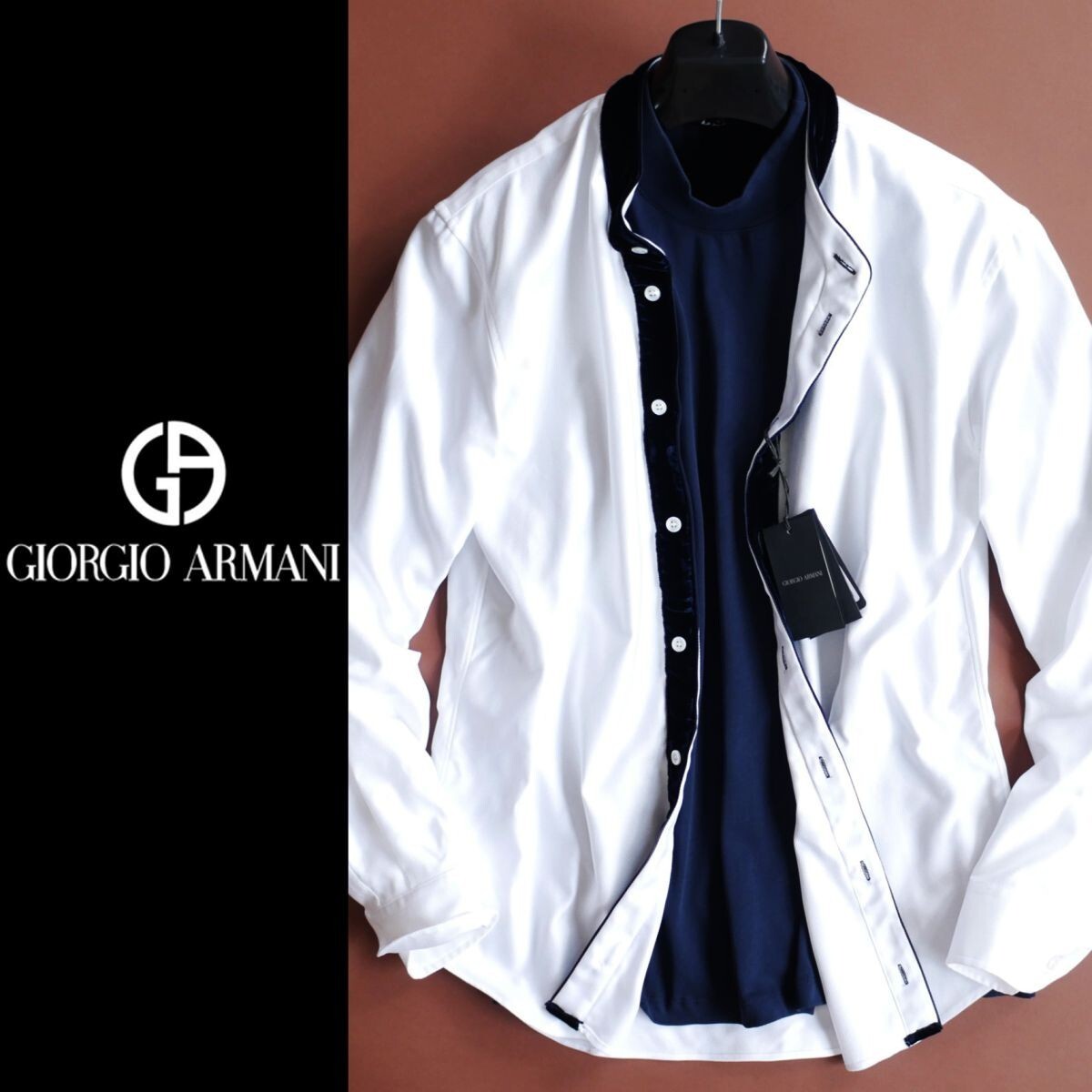 終了日午後6時迄ご入札●dr660●GIORGIO ARMANI●ジョルジオアルマーニ●秋冬●ベロア切替●長袖コットンツイルシャツ●メンズ拍卖