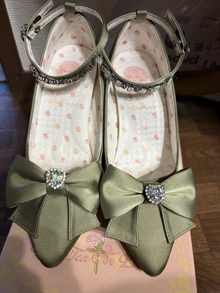 クラロリ パーティ サテン ストラップパンプス ヒール リボン ビジュー グリーン サイズ36 23センチ 妖精 Juliette et Justine好きな方へ拍卖