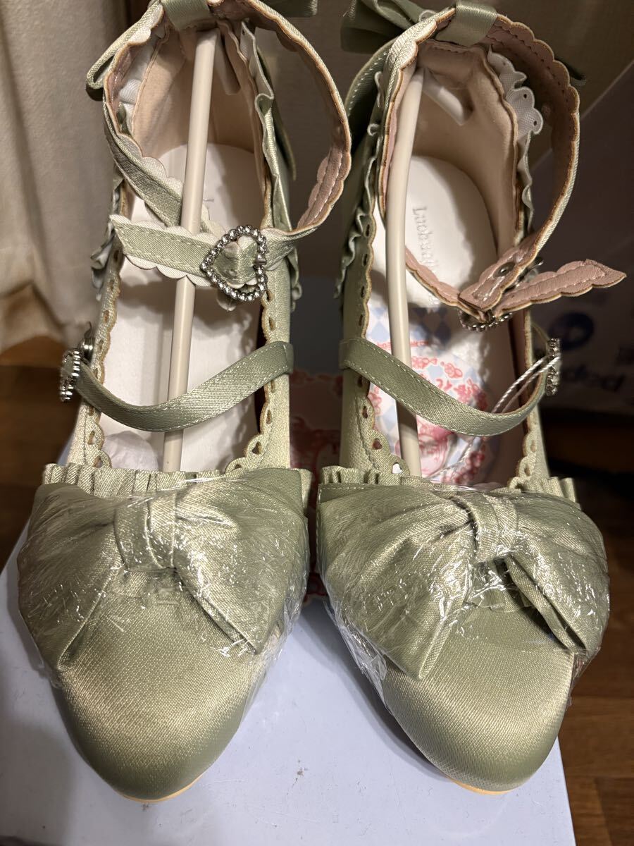 新品 ライトグリーン 黄緑 ストラップパンプス リボン クラロリ 妖精 パーティー ヒール フリル 36 23センチ拍卖