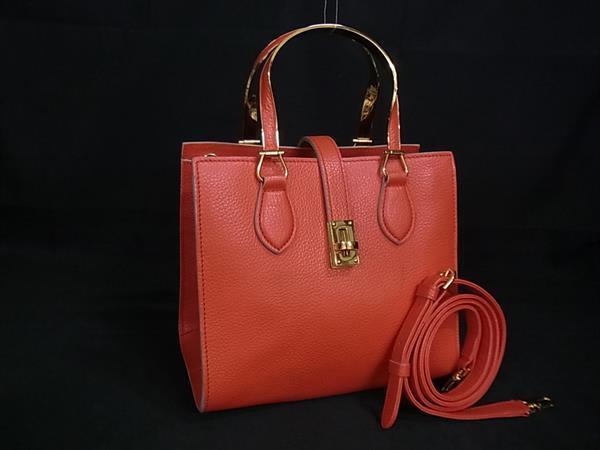 1円 ■美品■ LEONARD レオナール レザー メタルハンドル ターンロック 2WAY ハンドバッグ ショルダー 斜め掛け オレンジ系 FU5083拍卖