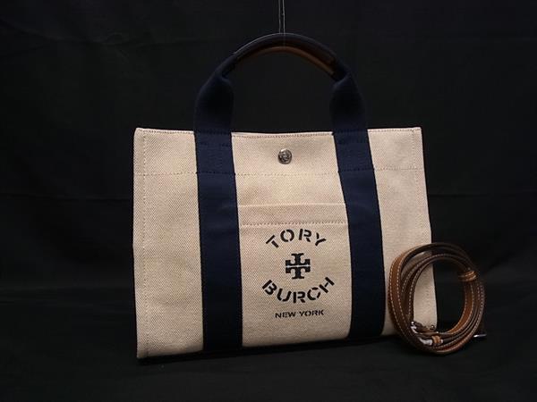1円 TORY BURCH トリーバーチ キャンバス 2WAY クロスボディ ハンドバッグ トートバッグ ショルダー 斜め掛け アイボリー系 FU5025拍卖