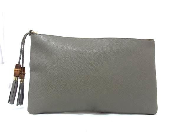 1円 ■美品■ GUCCI グッチ 449653 バンブー レザー タッセル クラッチバッグ セカンドバッグ マルチポーチ レディース グレー系 FV3777拍卖