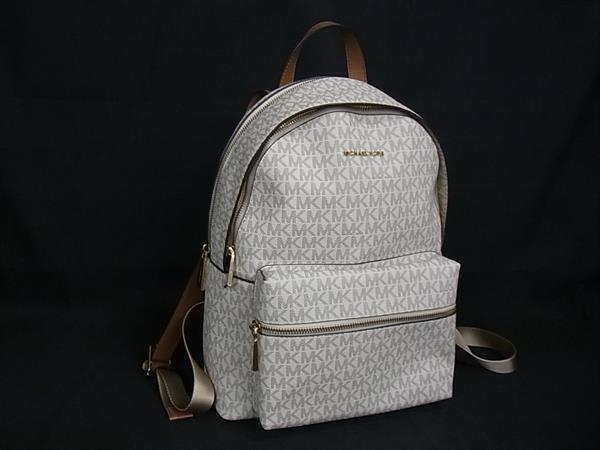 1円 ■美品■ MICHAEL KORS マイケルコースMK柄 PVC×レザー リュックサック バックパック レディース アイボリー系×ブラウン系 FU4641拍卖