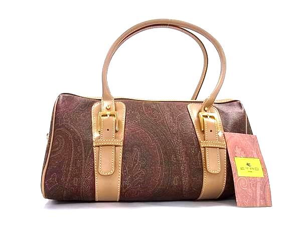 1円 ■美品■ ETRO エトロ 1992-9906 PVC×レザー ハンドバッグ トートバッグ ボストンバッグ 肩掛け レディース ブラウン系 FU5007拍卖