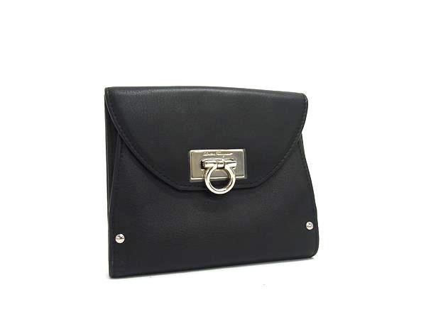 1円 ■美品■ Salvatore Ferragamo フェラガモ ガンチーニ レザー 二つ折り 財布 ウォレット 札入れ 小銭入れ ブラック系 GB2486拍卖