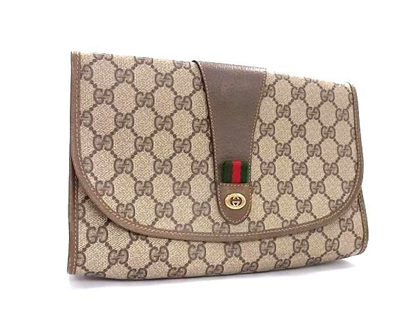 1円■美品■ GUCCI グッチ 89 01 030 オールドグッチ ヴィンテージ シェリーライン GG柄 PVC セカンドバッグ ブラウン系 FS5659拍卖