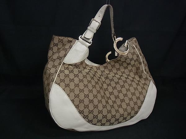 1円 GUCCI グッチ 203504 GG柄 GGキャンバス×レザー ハンドバッグ ショルダー 肩掛け ブラウン系×アイボリー系 FS5667拍卖