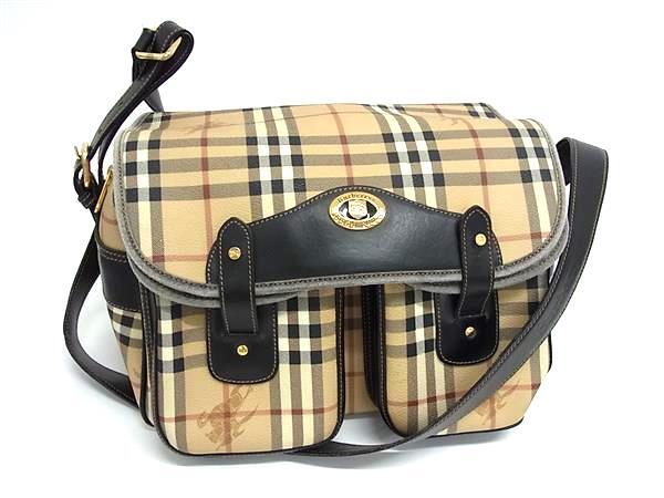 1円 Burberrys バーバリーズ ノバチェック PVC×レザー ショルダーバッグ ボストンバッグ 斜め掛け ベージュ系×ブラック系 FS5649拍卖