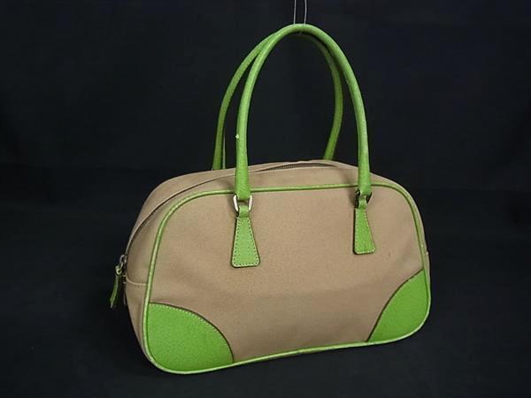 1円 PRADA プラダ キャンバス×レザー ハンドバッグ トート レディース ベージュ系×ライトグリーン系 FS5608拍卖