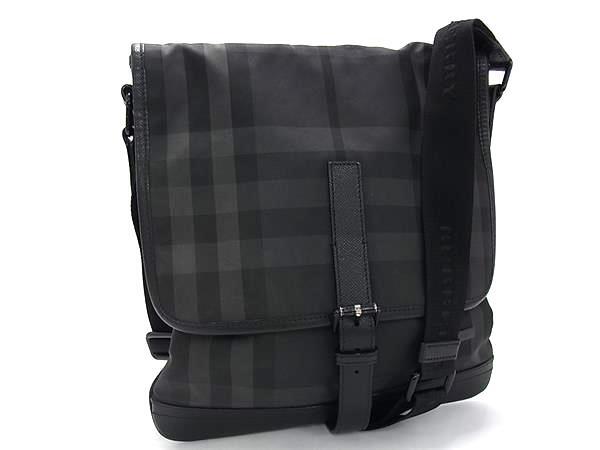 1円 BURBERRY バーバリー ナイロン×レザー チェック柄 クロスボディ ショルダーバッグ 斜め掛け 肩掛けかばん メンズ ブラック系 FS5569拍卖