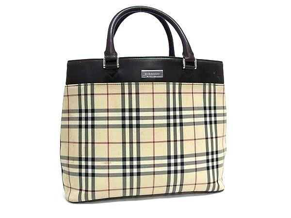 1円 BURBERRY バーバリー ノバチェック ナイロンキャンバス×レザー ハンドバッグ トートバッグ レディース ブラウン系 FS5573拍卖